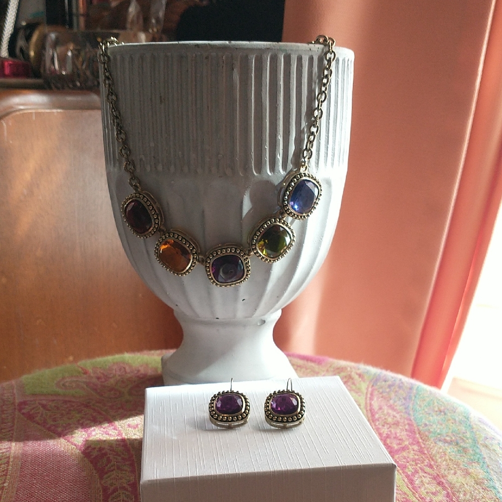 Multicolor Gemstone Statement Necklace and Earrings Set
